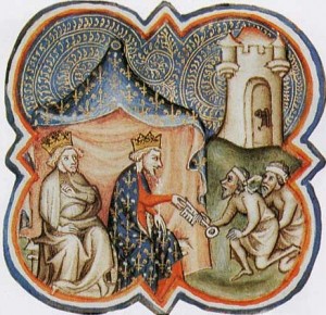 Η πολιορκία της Άκρας(1189-1191) κατά την Γ' Σταυροφορία. Στο έργο απεικονίζεται ο βασιλίας της Γαλλίας, Φίλλιπος και ο βασιλιάς Ριχάρδος της Βρετανίας, να δέχονται τα κλειδιά της πόλης.