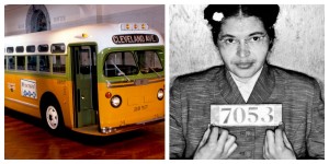 Το ιστορικό λεωφορείο (αριστερά). Η Rosa Parks κατά την συλληψή της (δεξιά).